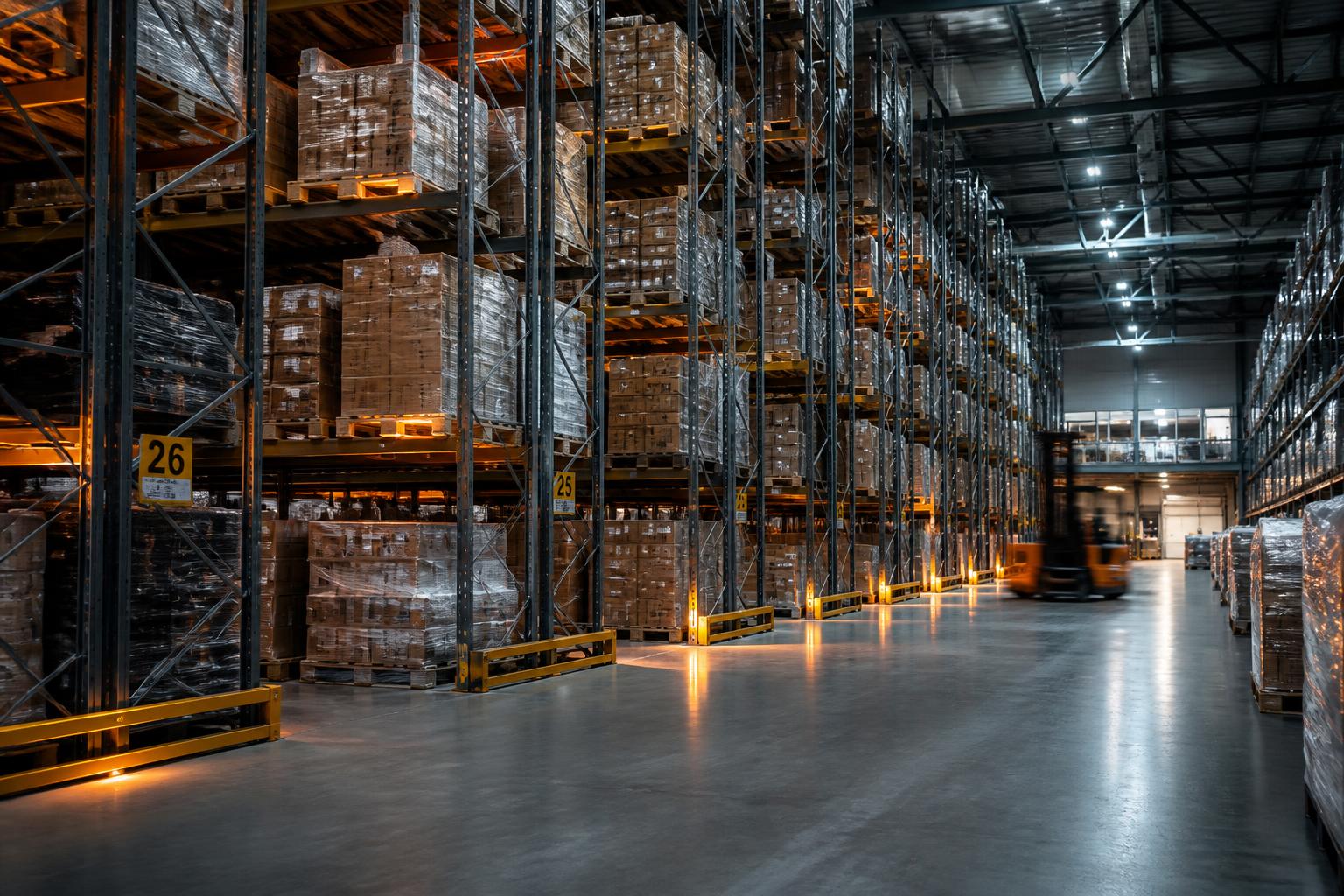High-bay racked warehouse storing pallets